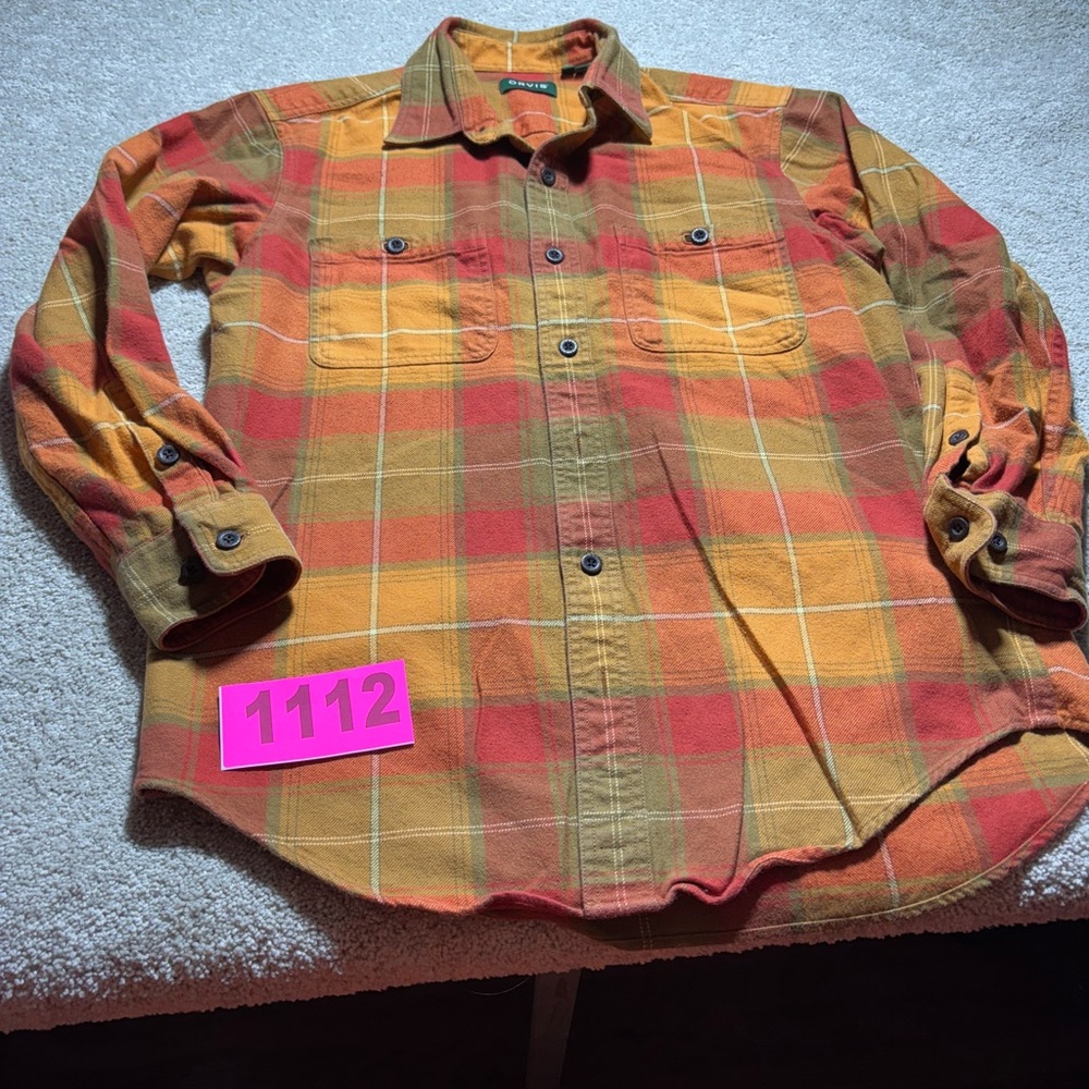 Orvis Orange brown plaid perfect flannel men’s sz medium heavyweight shirt